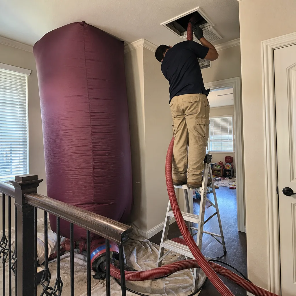 Technician performing professional air duct cleaning service in a residential home