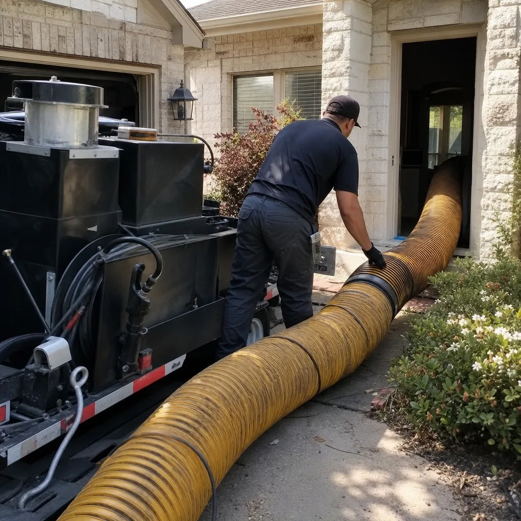 Professional technician performing residential air duct cleaning with industrial vacuum equipment