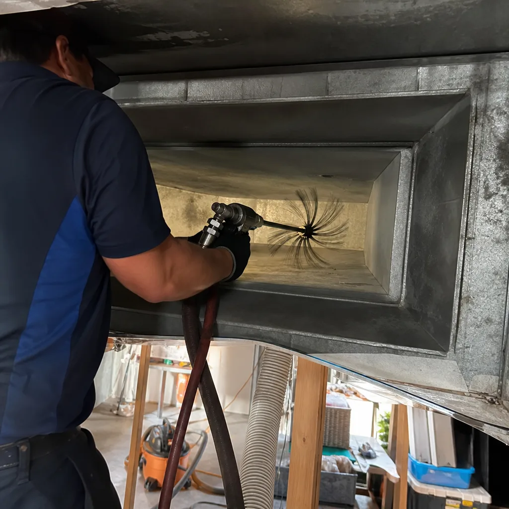 Technician performing professional air duct cleaning with a rotating brush tool