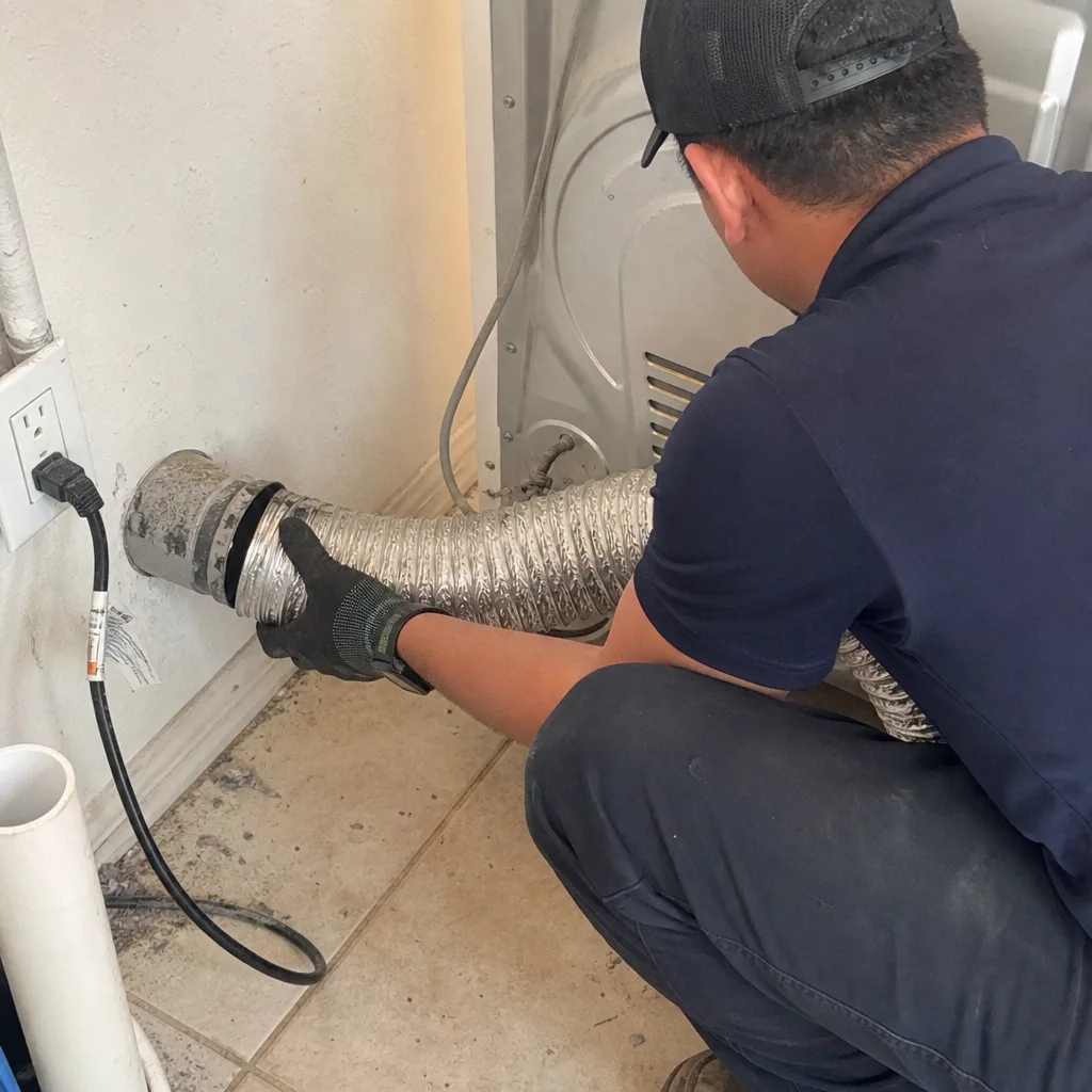 Technician attaching a silver flexible dryer vent hose to a wall port