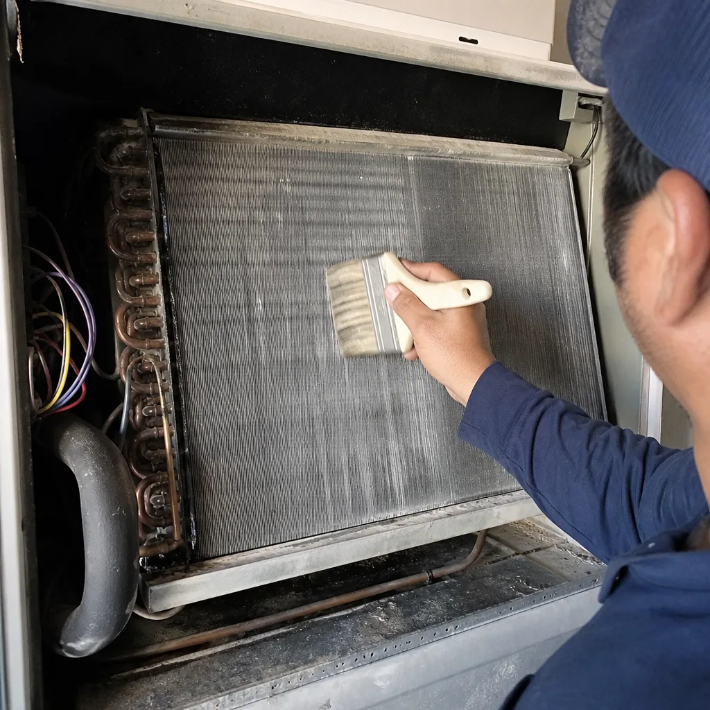 Technician cleaning HVAC unit evaporator coils with a brush