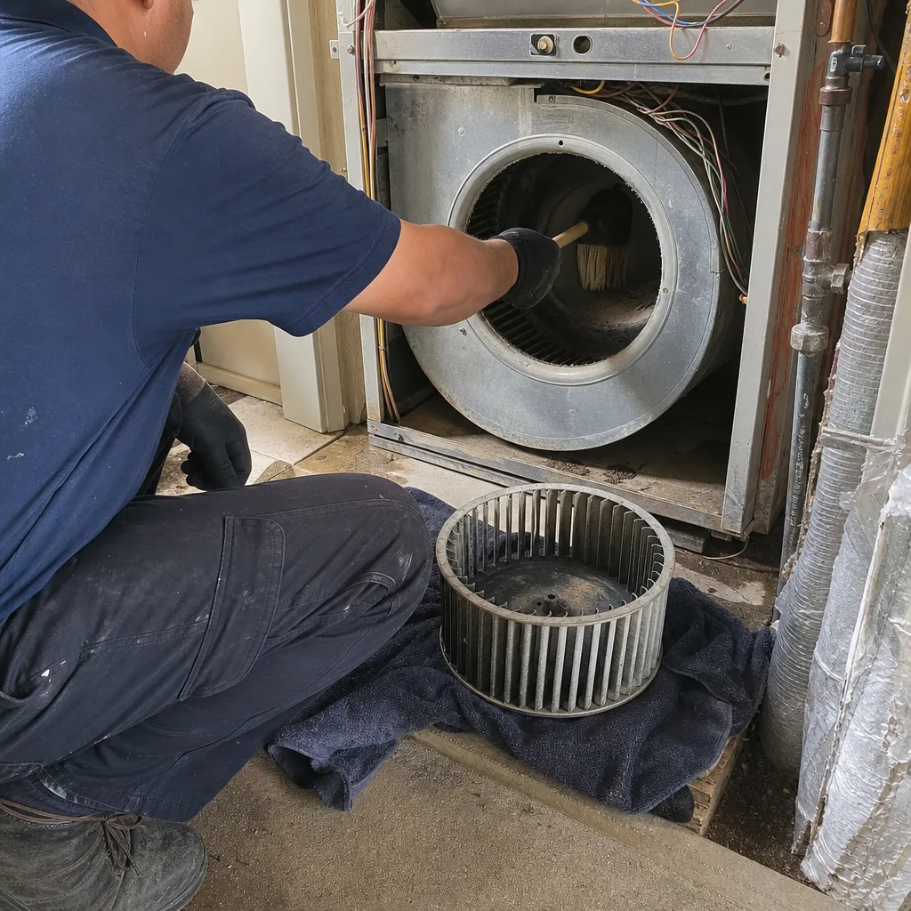 Technician performing professional HVAC system blower and air duct cleaning service